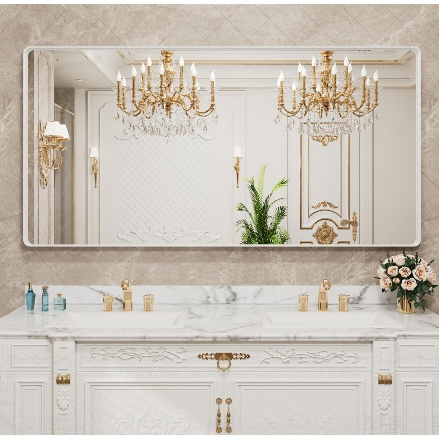 LOAAO 72x40 Inch White Metal Framed Bathroom Mirror for Wall, White Bathroom Vanity Mirror Farmhous