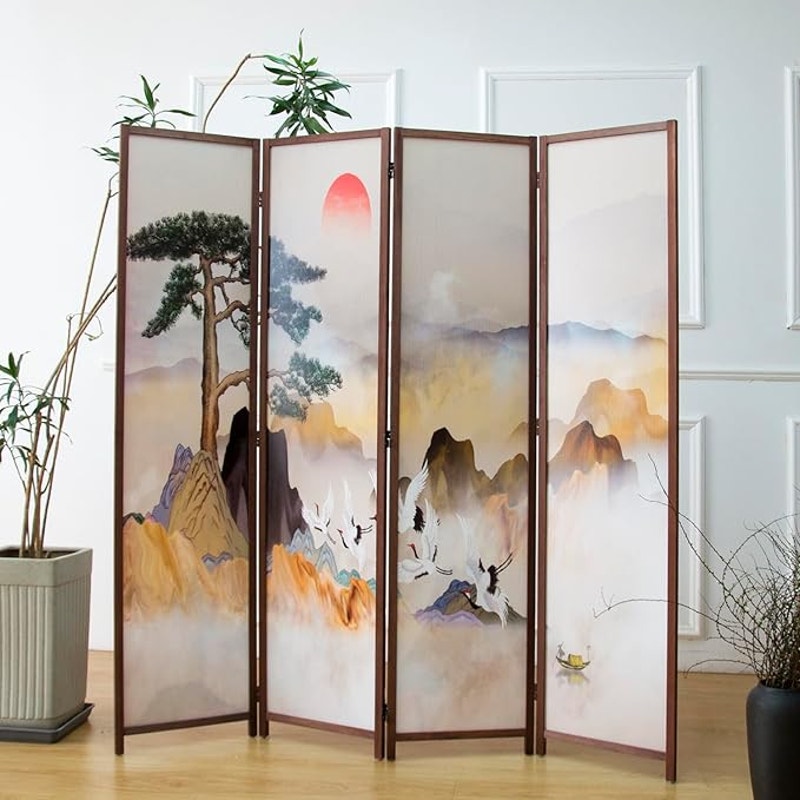 Furnnylane 4 Panel Room Divider, Double-Sided Folding Privacy,Landscape 67" H x 63" W - 5.6 ft Tall