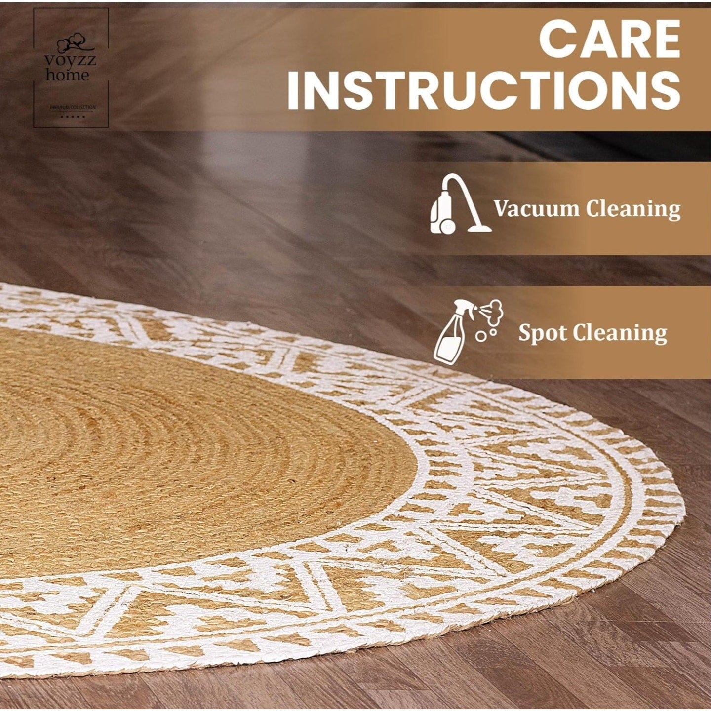 voyzz home Premium Quality Jute Braided Area Rug, 6-feet Round, White Printed Border,