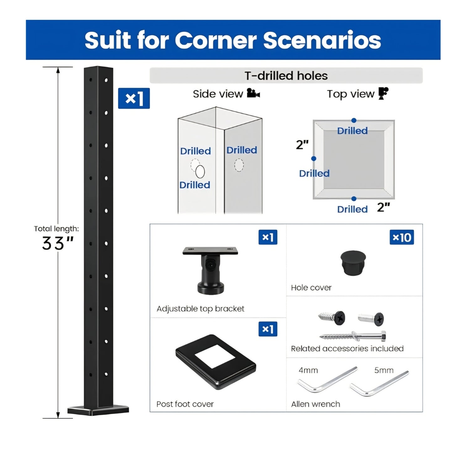 Muzata Black Corner Cable Railing Post 36 Inch 36"x2"x2" T-drilled One-Post Corner Solution Surface