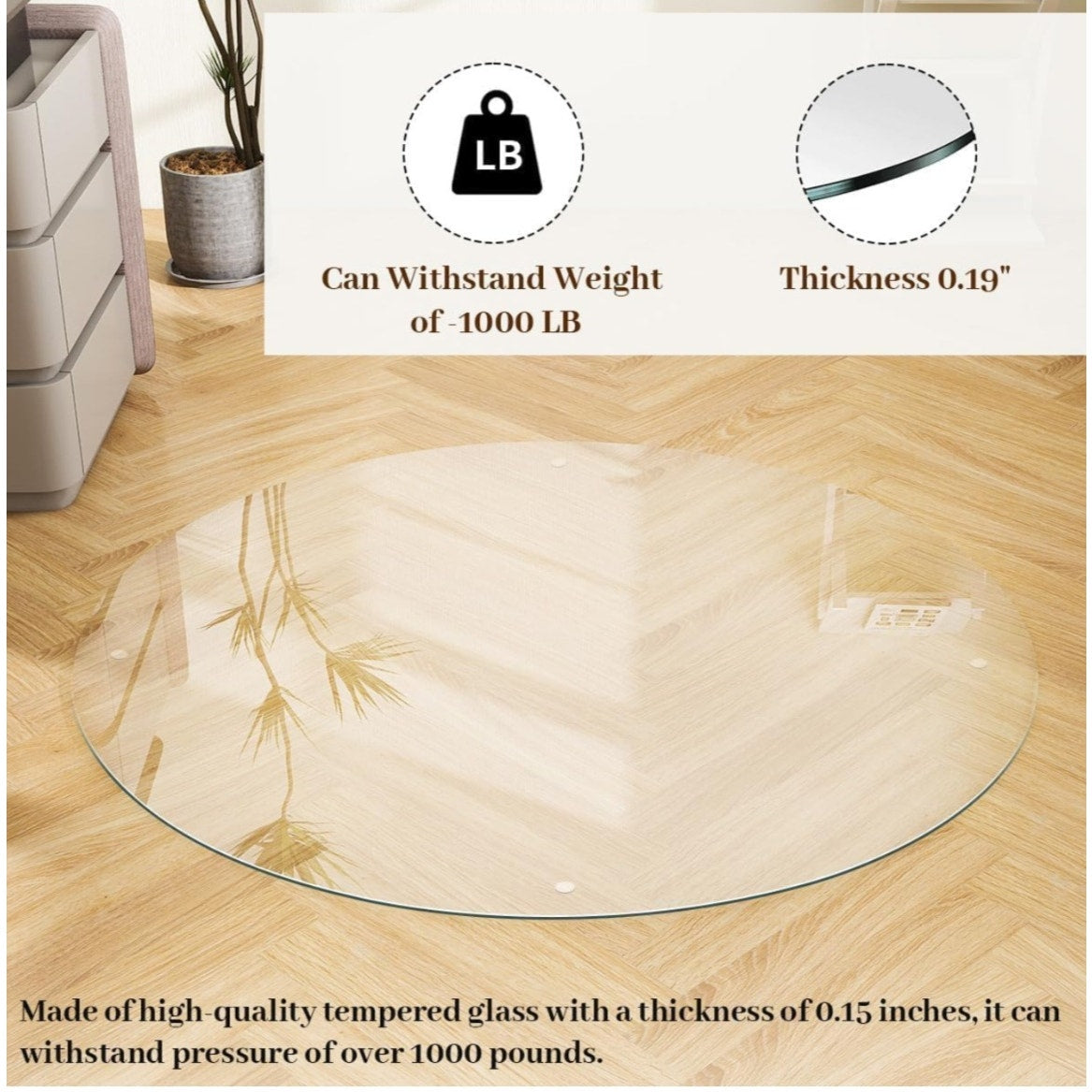 Tempered Glass 46" x 46" Round Glass Chair Mat, Heavy Duty Hard Tempered Glass Mat withPolishedEdge