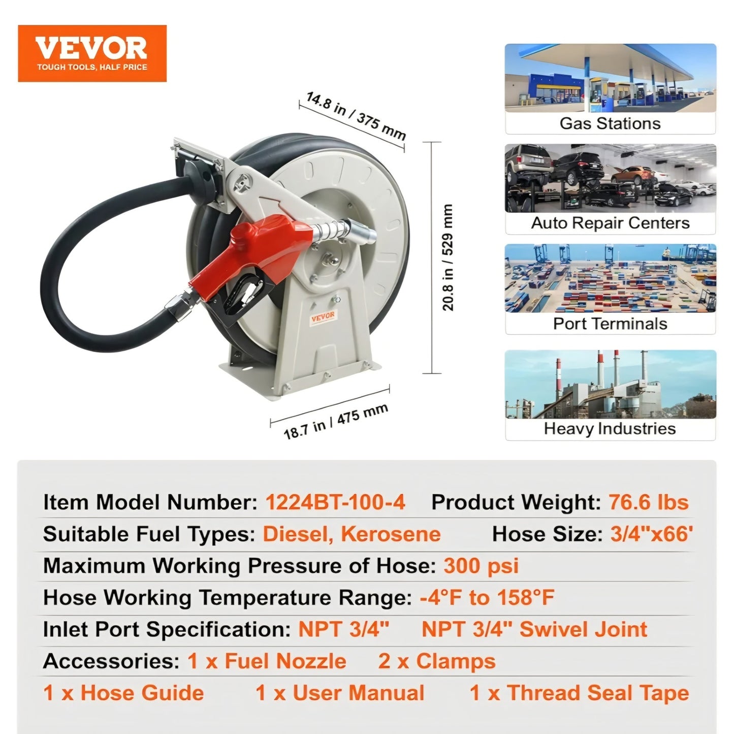 VEVOR Fuel Hose Reel, 3/4" x 66', Extra Long Retractable Diesel Hose Reel,Carbon Steel Construction