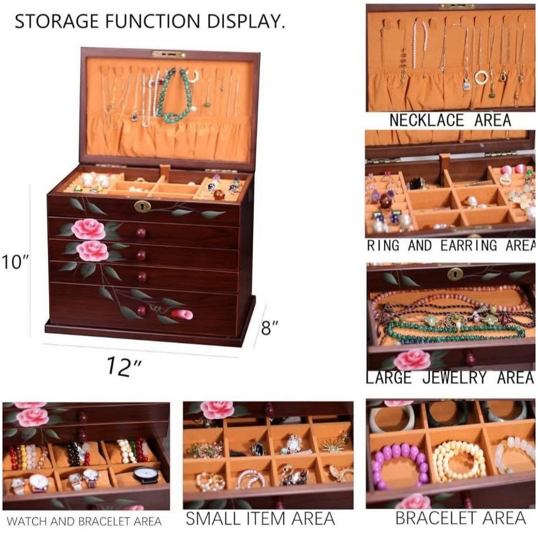 Jewelry Box Wood for Women, 5-Layer Hand-Paint jewelry holder organizer with necklace hanger,