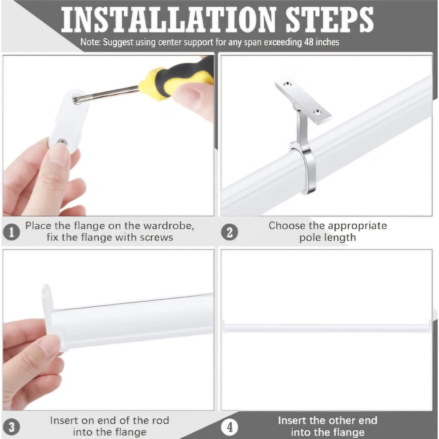 Tandefio Closet Rod Kit with End Caps and Center Support,White