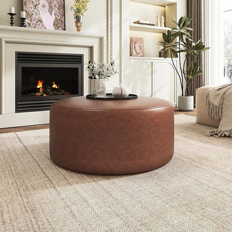 Christopher Knight Home GAVI 30" Ottoman Foot Stool, Faux Leather Pouf Footstool Seat, Brown