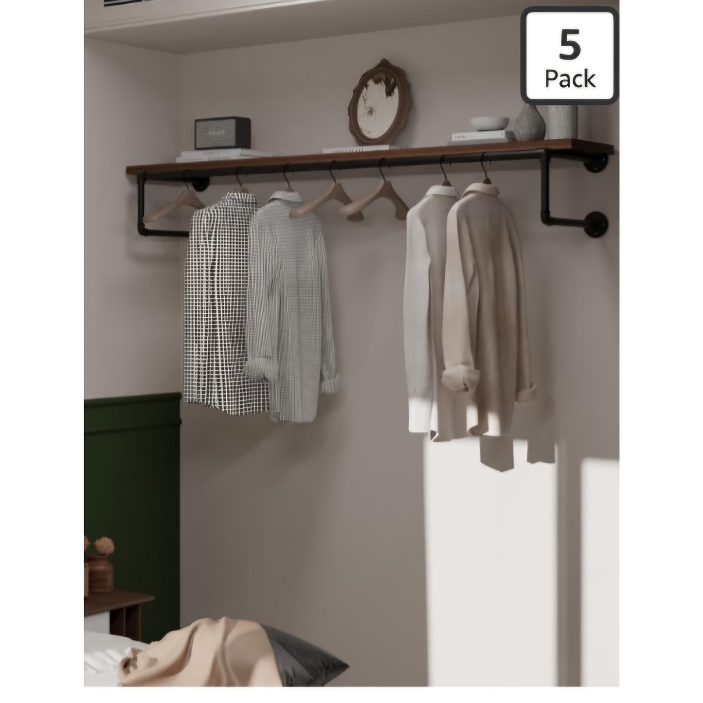 Clothes Rack 60in, Wall Mounted Garment Racks with Real Walnut Wood Shelf