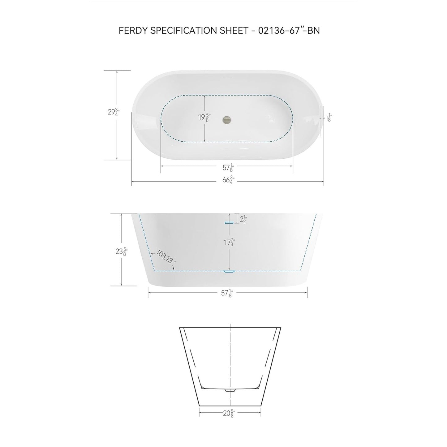 FerdY 67" Shangri-La Elite, Acrylic Freestanding Bathtub