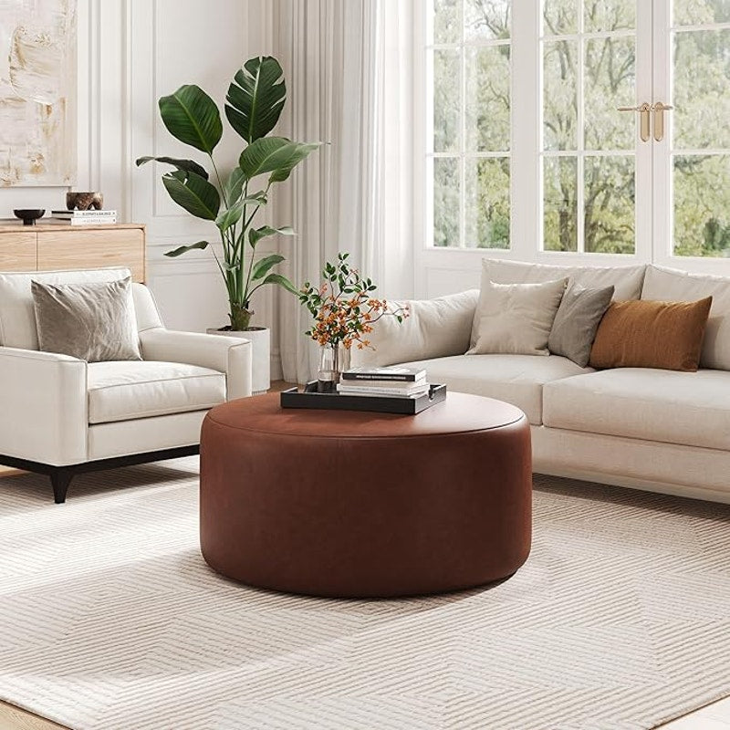Christopher Knight Home GAVI 30" Ottoman Foot Stool, Faux Leather Pouf Footstool Seat, Brown