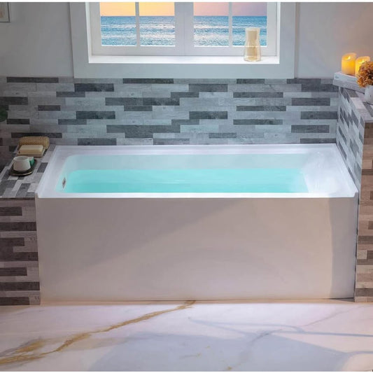 WOODBRIDGE 60" Acrylic Rectangular Alcove Soaking Bathtub in White with Left Drain, Chrome pop-up Dr