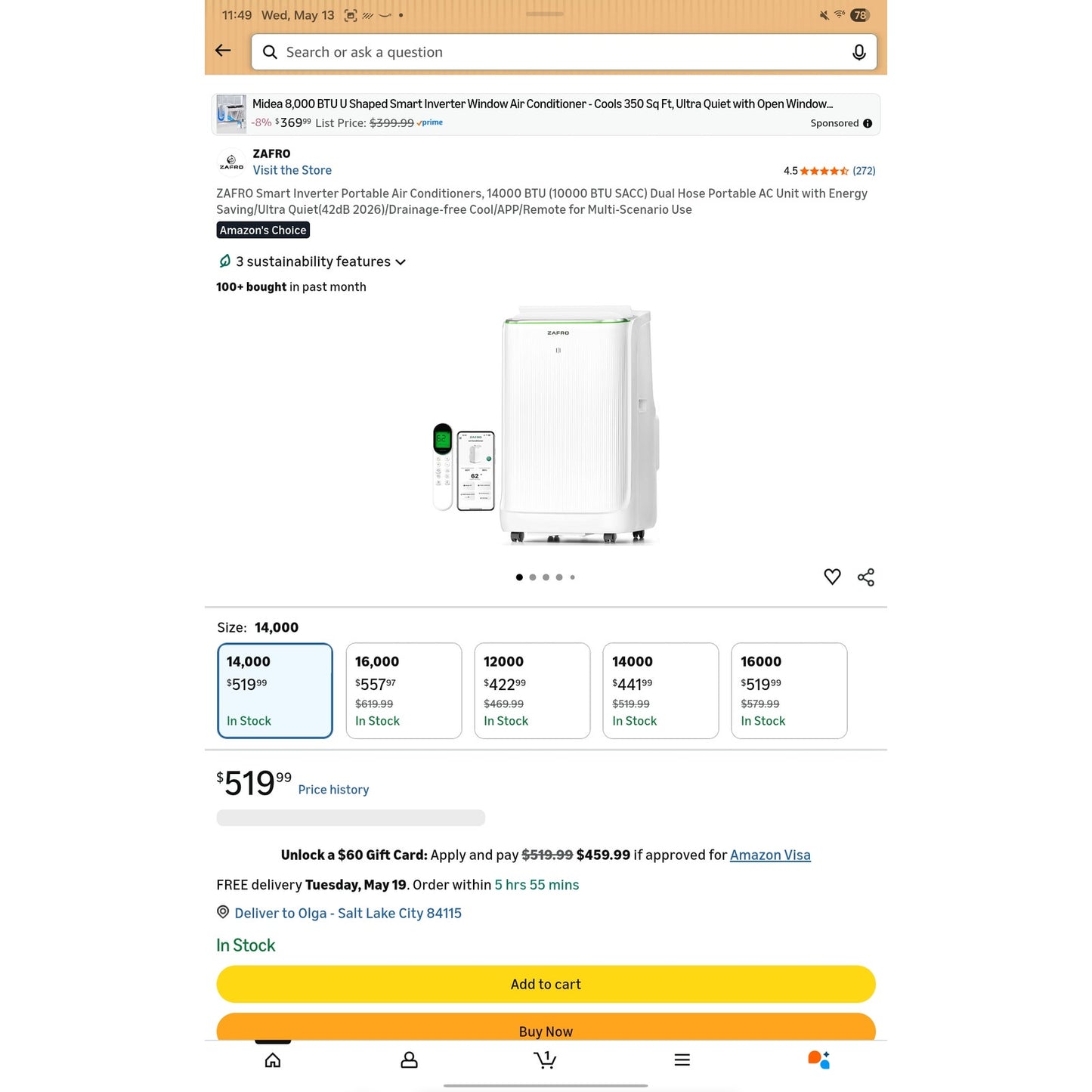 ZAFRO Smart Inverter Portable Air Conditioners, 14000 BTU (10000 BTU SACC) Dual Hose Portable AC