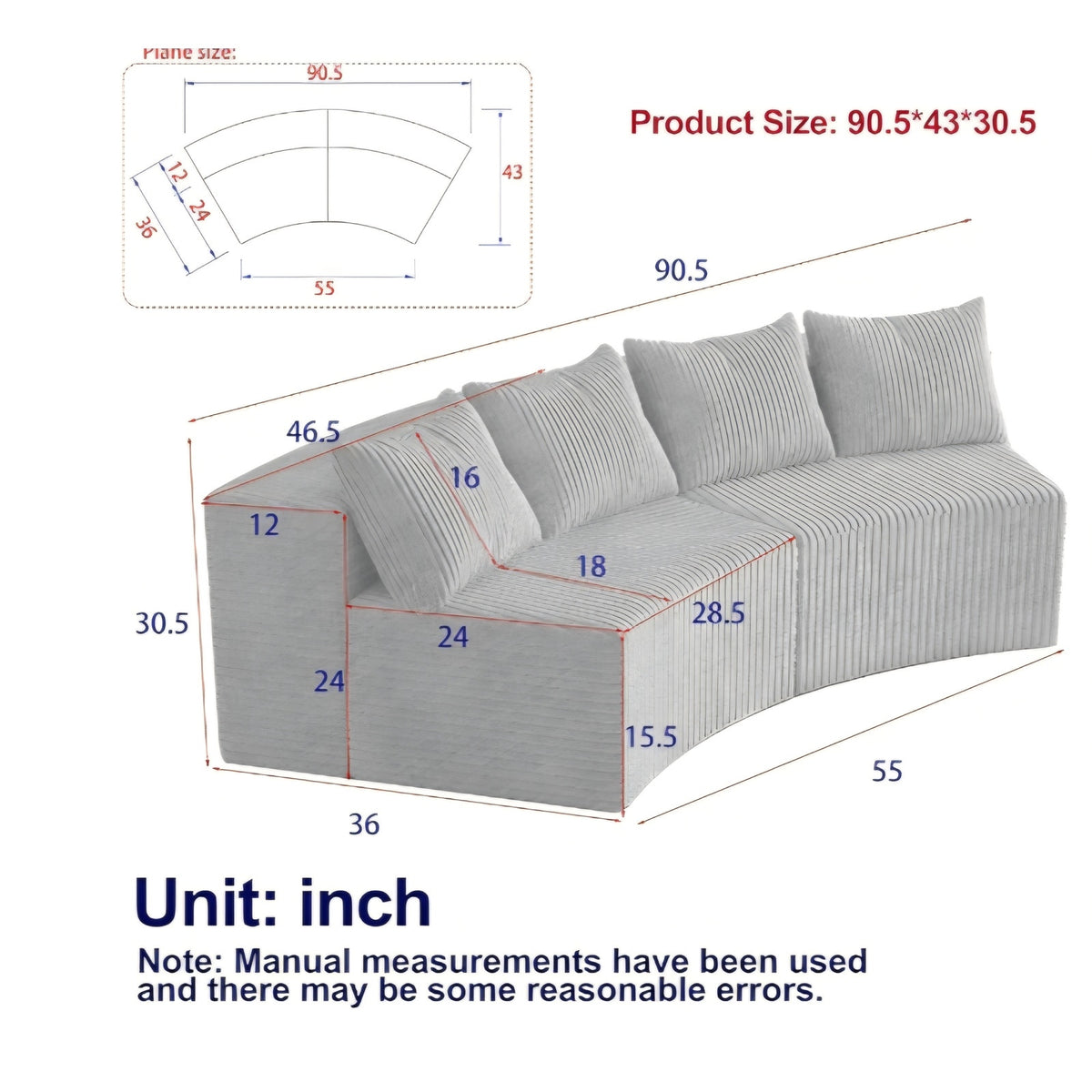 Corduroy Curved Sectional Sofa, 2 Seater Symmetrical Modular Semi Circular Couch