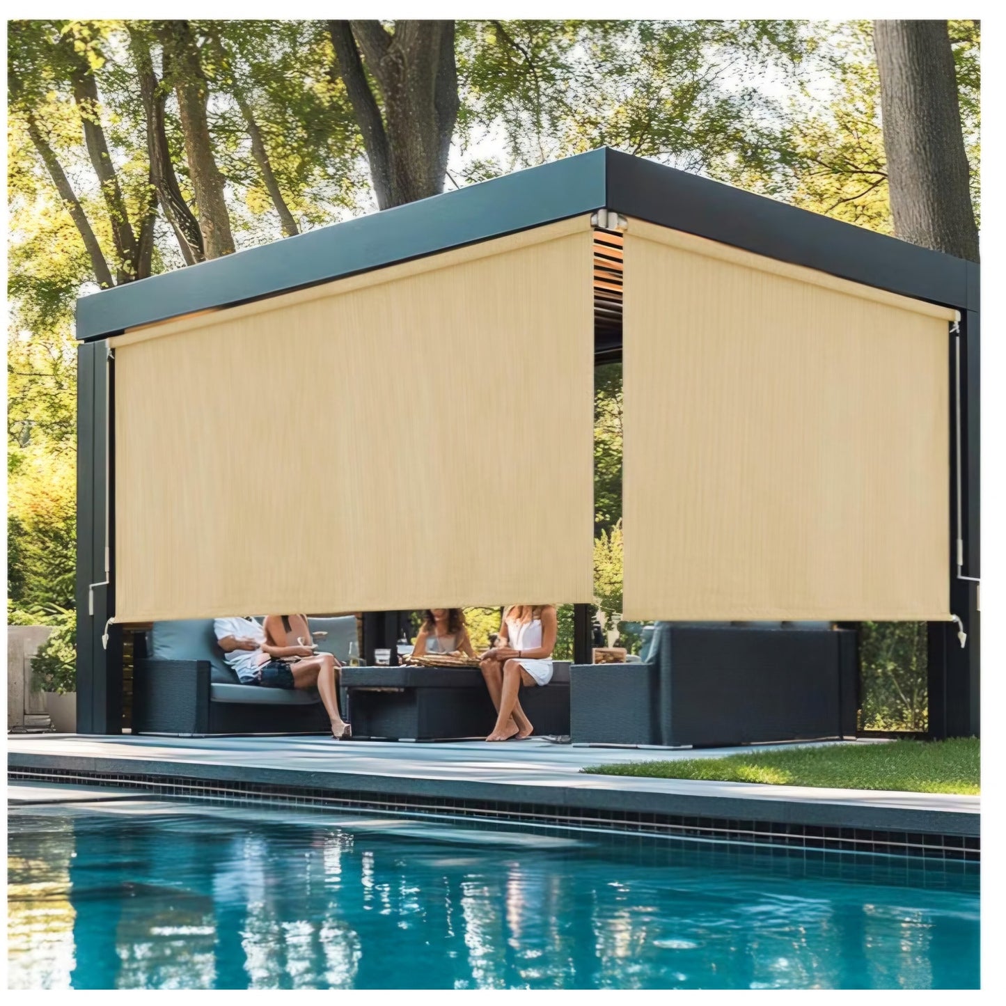 sunoff Outdoor Roller Shades, Cordless Patio Roller Up Blinds 2 Poles & 1 Fabric, Wheat, 84" Wx72 H