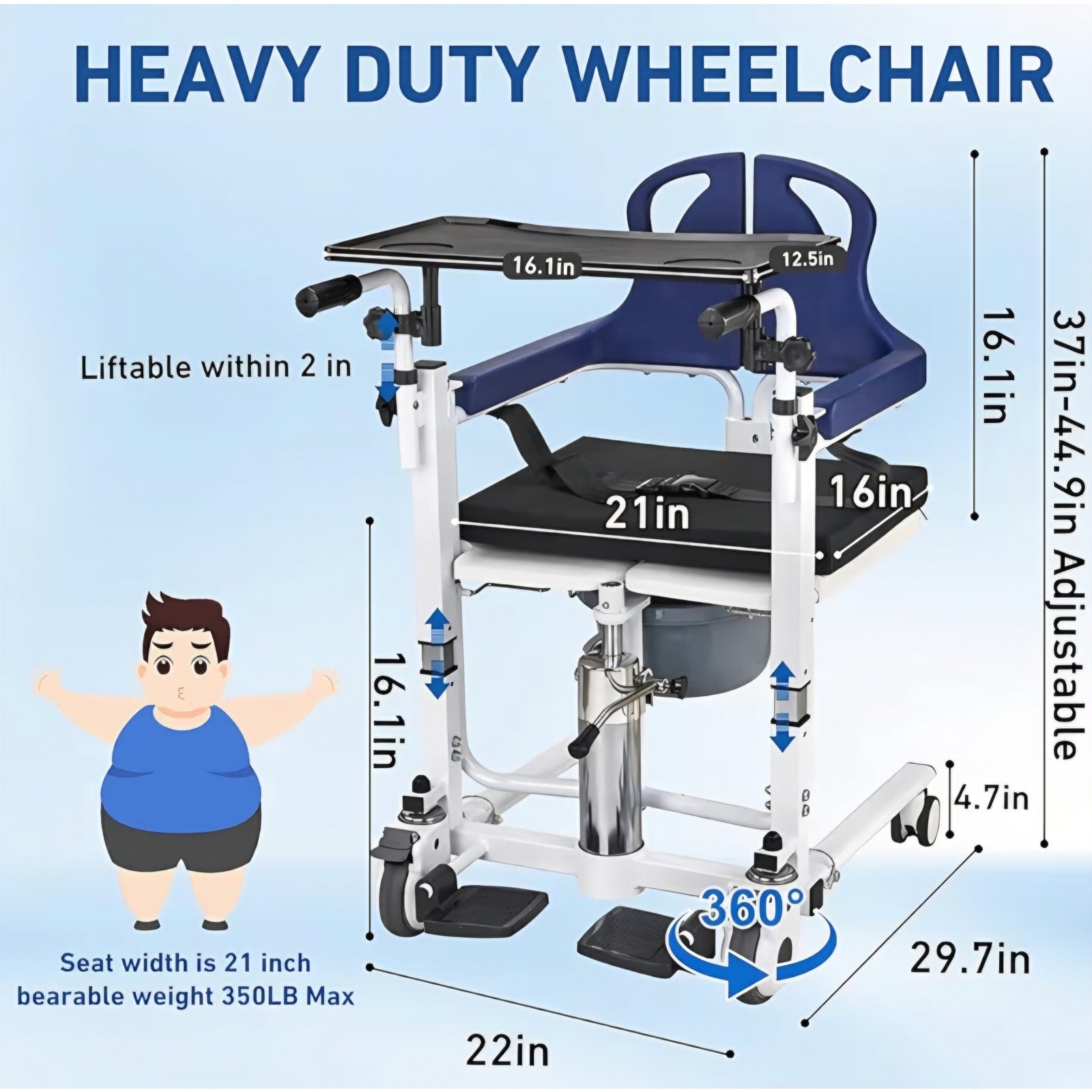 Transfer Lift Chair, 350 lb Capacity, 180° Split Seat, Hydraulic Commode Wheelc