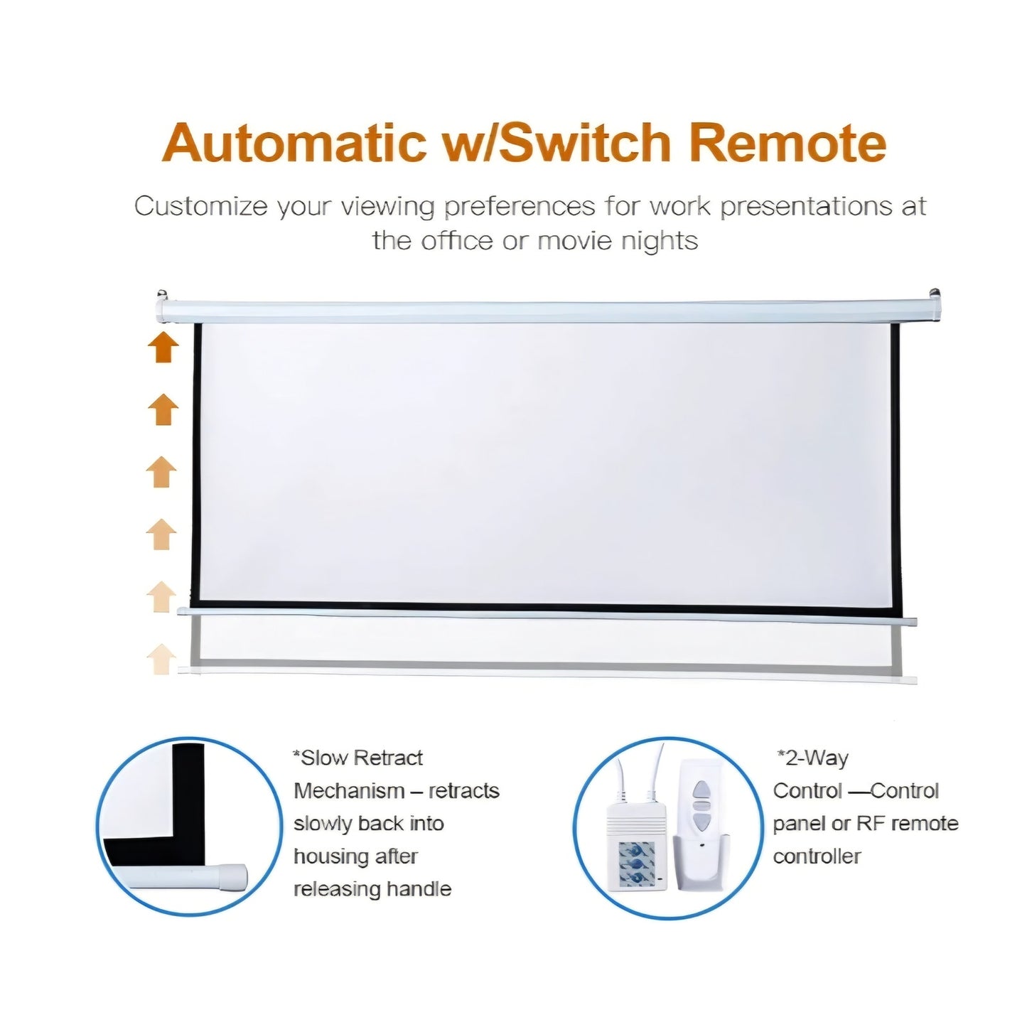 100 Inch Motorized Projector Screen - 16:9 HD Electric Movie Screen with Remote Control, Wall/