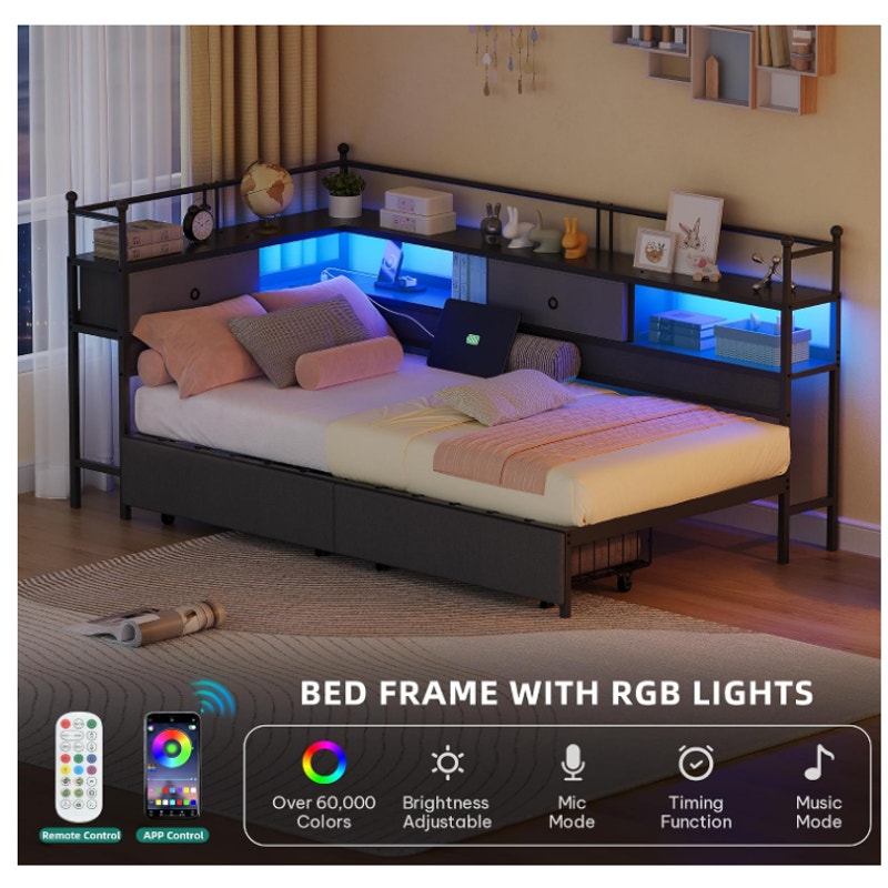 YITAHOME Twin Corner Bed Frame with Bookcase Storage and Led Lights