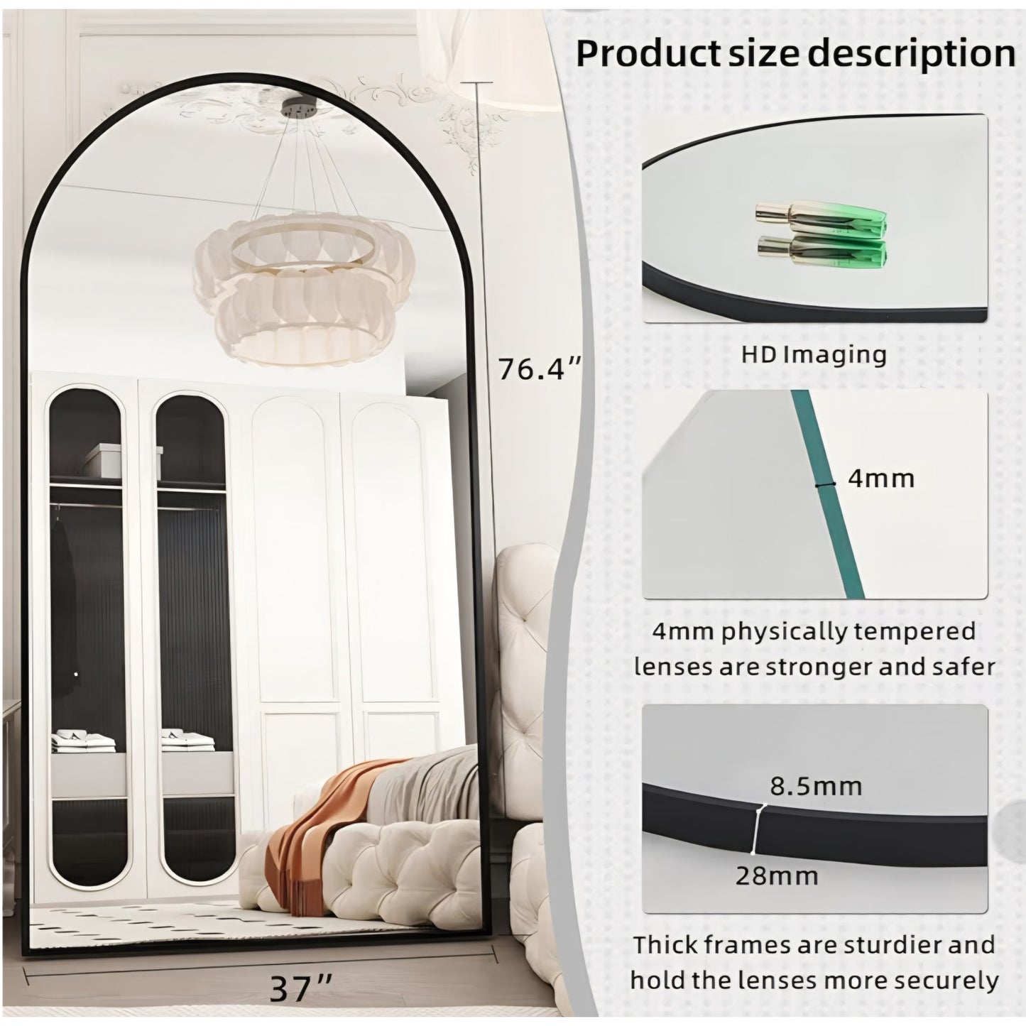 76.4"x37" Arch Full Length Mirror, Large Floor Full Body Tempered Mirror with Aluminum Alloy