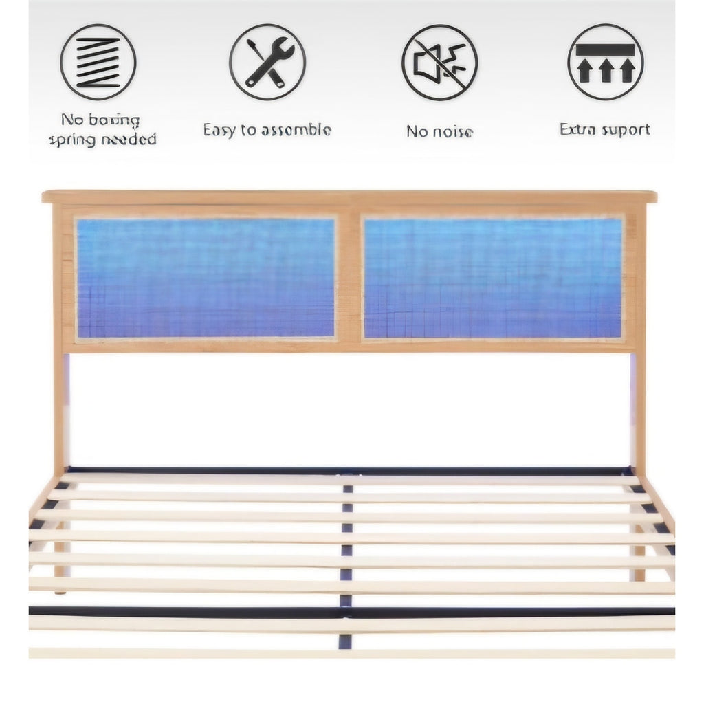 Rattan Full Bed Frame - Full Size Platform Bed Frame with Natural Rattan Headboard