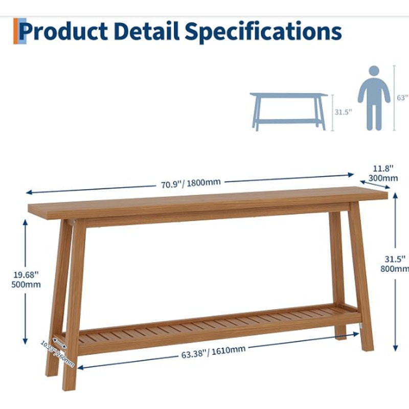 Garvee 70.9 Inch Console Table for Entryway, Extra Long 2-Tier Narrow Sofa Table Behind Couch