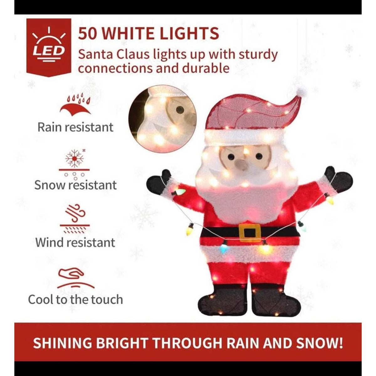 GENIMO 2D Santa Claus Outdoor Christmas Decorations, 50 Lights Pre-Lit with Colorful Light Strip for