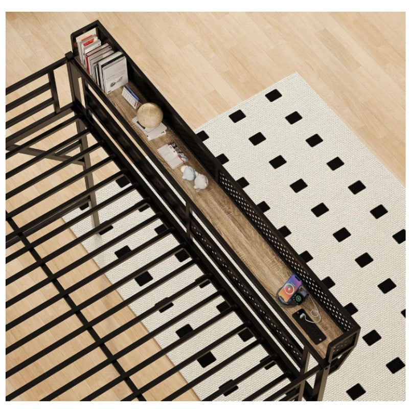 Queen Size Metal Loft Bed with Reversible Stairs and LED & USB Port Storage Shelf