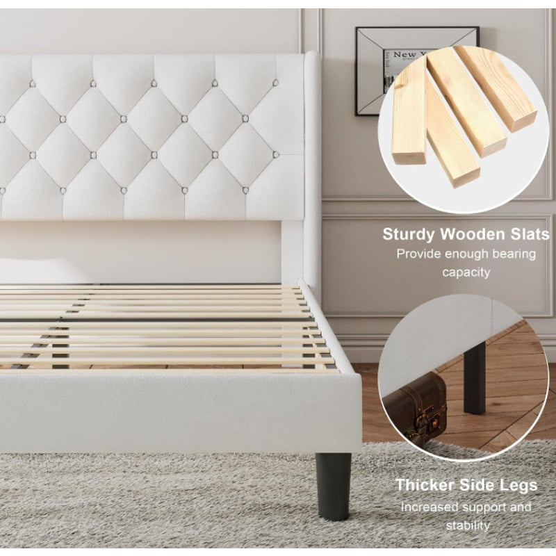 Feonase Queen Size Bed Frame with Diamond Tufted Wingback Headboard, Upholstered Platform Bed