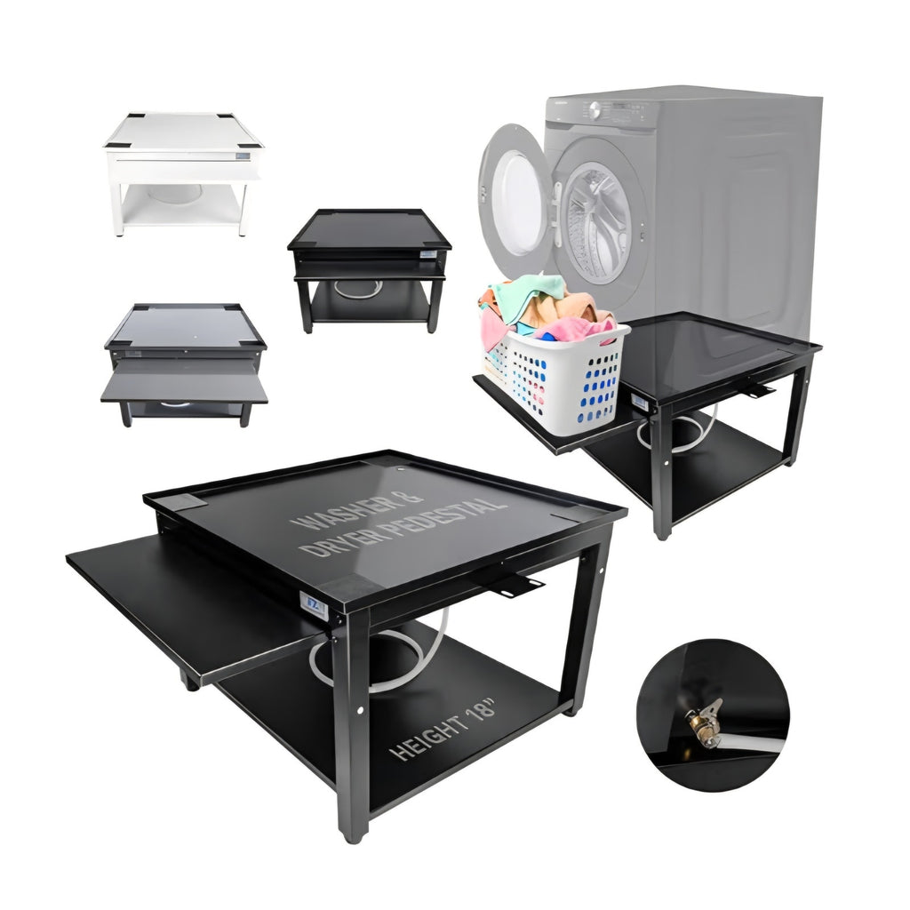 Washer and Dryer Pedestals with Pullout-Shelf - 27" W, 18" H, Black Steel Universal