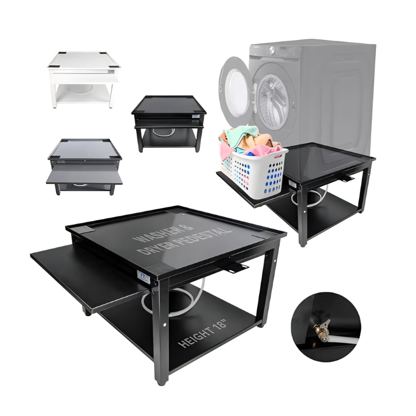 Washer and Dryer Pedestals with Pullout-Shelf - 27" W, 18" H, Black Steel Universal