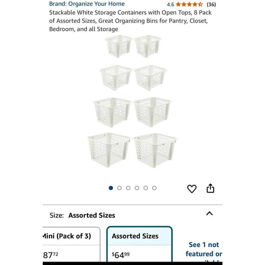 Stackable White Storage Containers with Open Tops, 8 Pack of Assorted Sizes, Great Organizing Bins f