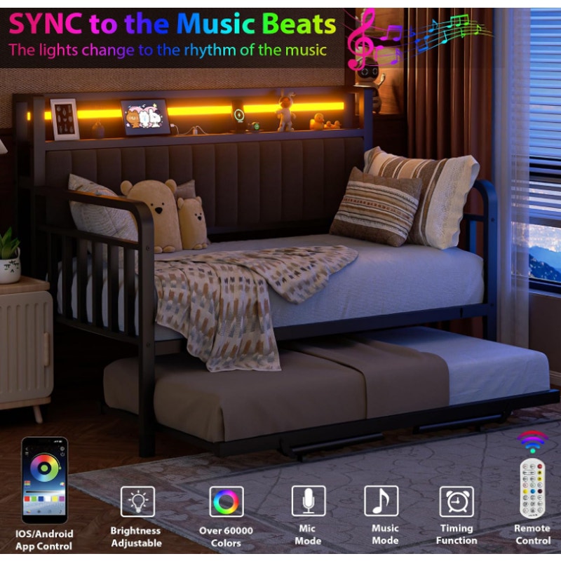 Heavy Duty Metal Twin Bed Frame with Upholstered Storage Headboard & Charging Station