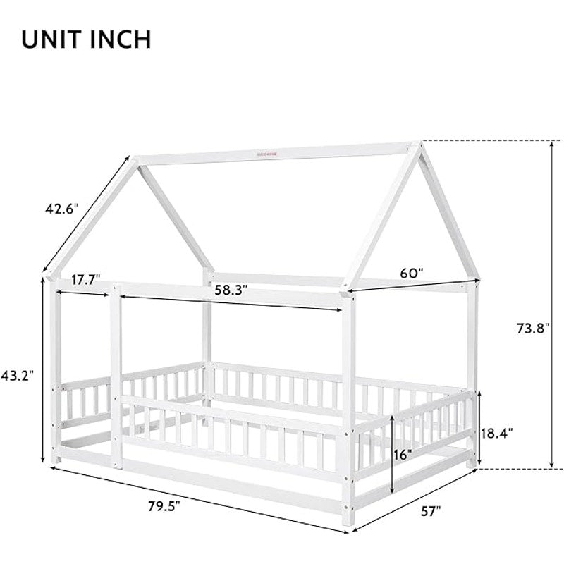 Bellemave Full Size House Floor Bed,Wooden, with Fence and Roof for Kids,(White)79.5"Lx60"W x73.8"H