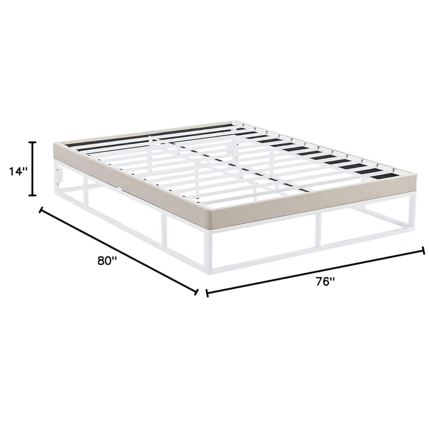 King Size Capri White Metal Platform Bed Frame with Built-in Beige Upholstered Mattress Foundation