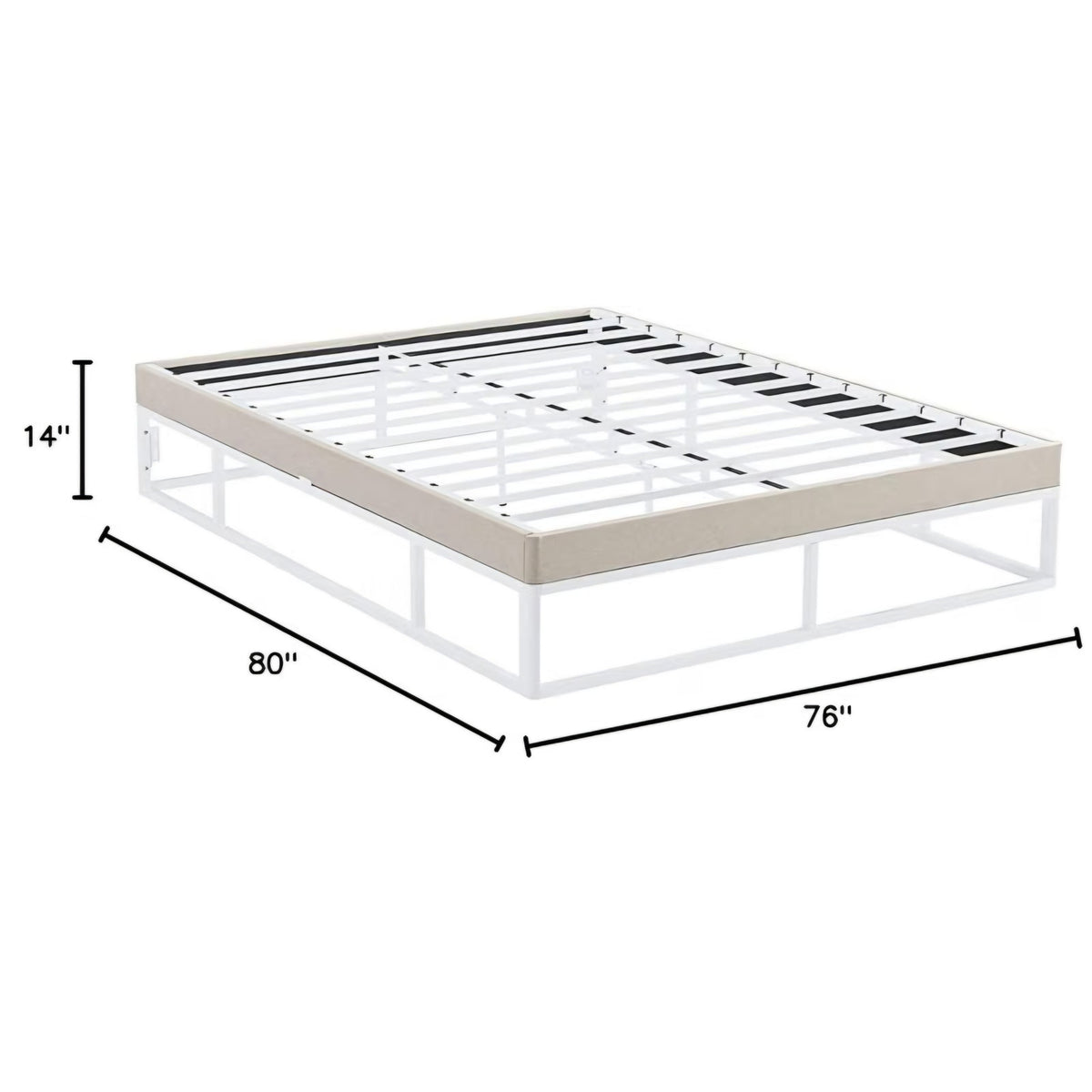 King Size Capri White Metal Platform Bed Frame with Built-in Beige Upholstered Mattress Foundation