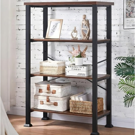 4 Tier Bookshelf,Rustic Brown Industrial Book Shelf,Engineered Wood and Metal Deep