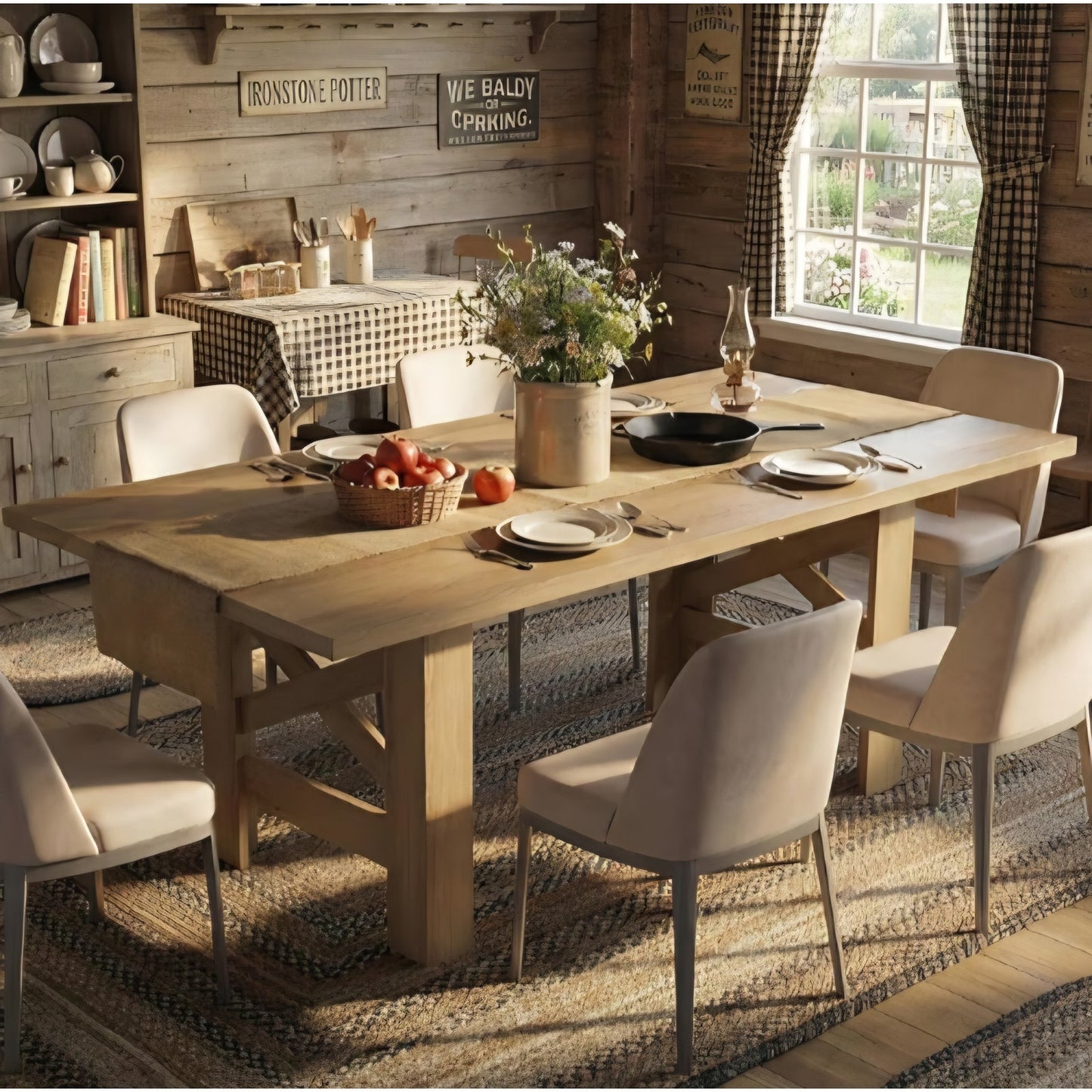 Long Dining Table for 6-8, Farmhouse Wooden Barn Kitchen Table for 6, Triangular Legs
