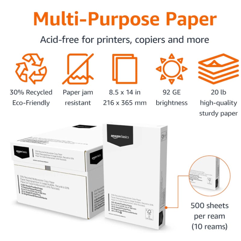 Amazon Basics 30% Recycled Multipurpose Copy & Print Paper, 8.5 x 14 in, 20 lb