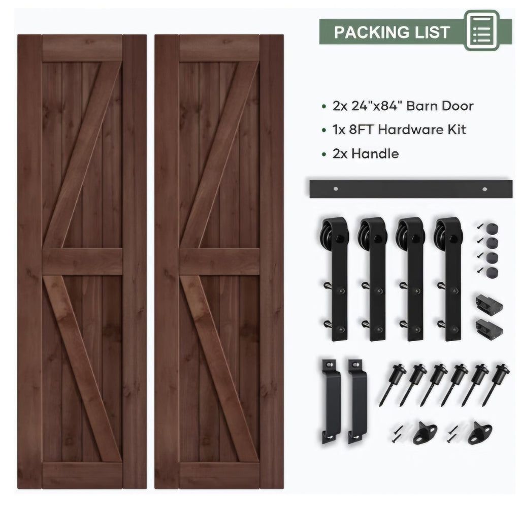 48x84 inch (Double 24×84 inch Door) Sliding Barn Wood Door Slab with 8ft Hardware Kit and Handle