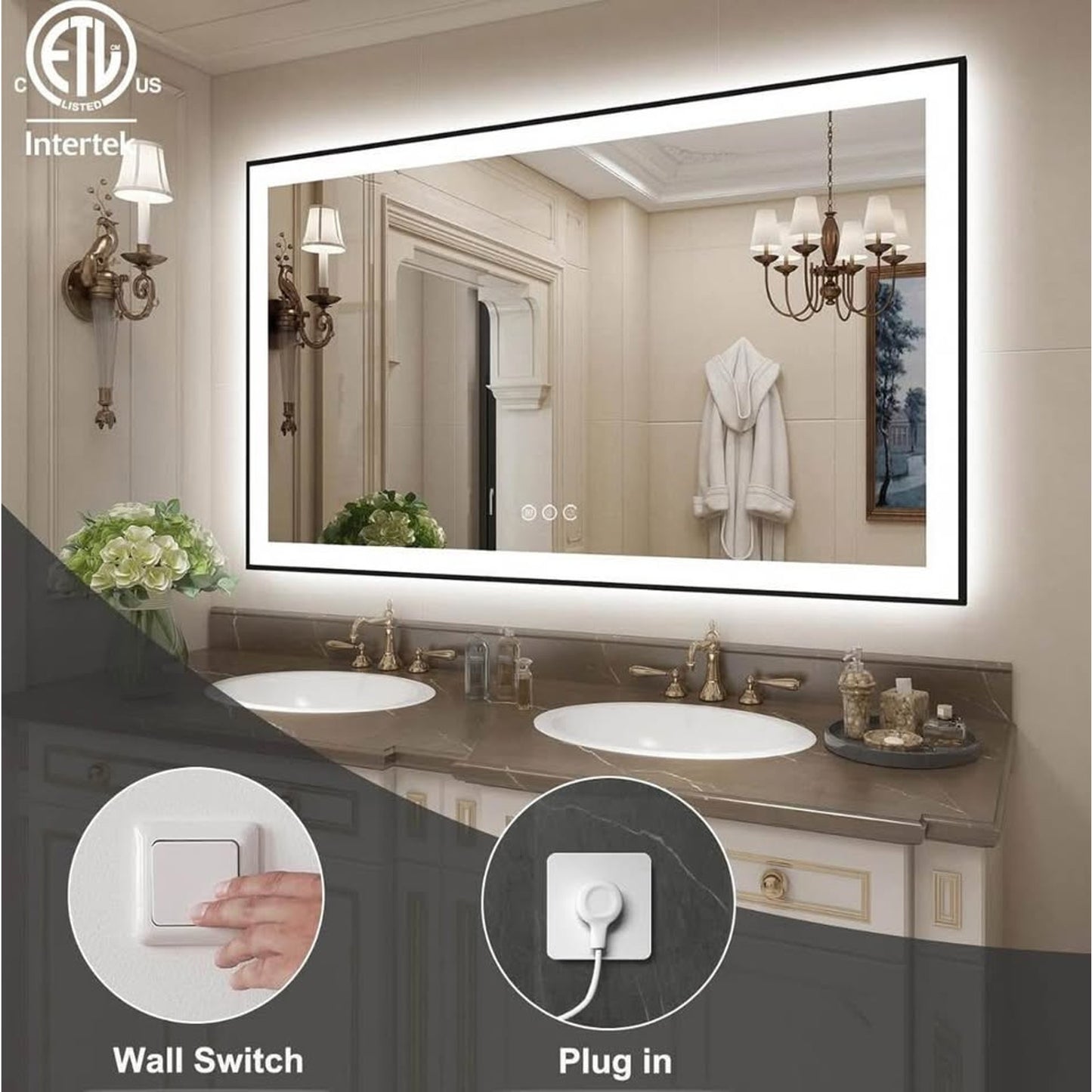 SMIROR 66x36 Black Frame LED Mirrors for Bathroom Wall, Large Lighted Vanity Mirrors, Dimmable, Anti
