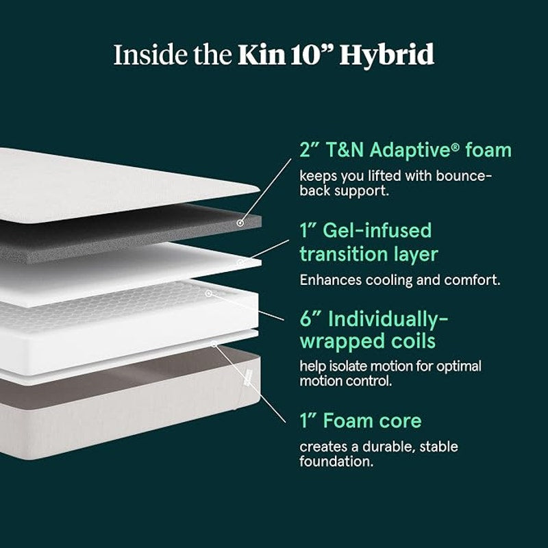 Kin by Tuft & Needle Medium Plush 10" Full Hybrid Mattress, Cooling and Individually-Wrapped Coils
