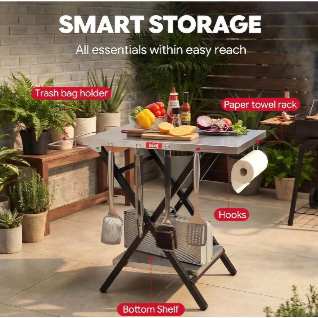 Feasto Outdoor Grill Table, Folding Prep Table, 30" x 24", Stainless Steel