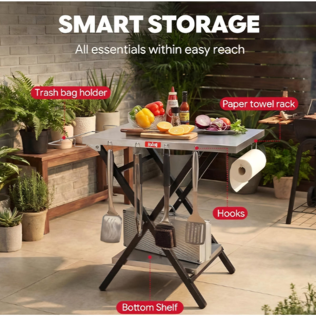 Feasto Outdoor Grill Table, Folding Prep Table, 30" x 24", Stainless Steel