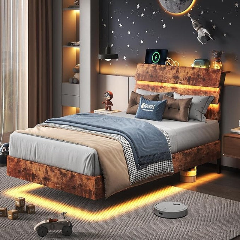 Feonase Floating Bed Frame Twin, Wood Full Size Bed Frame with Storage Headboard, Walnut