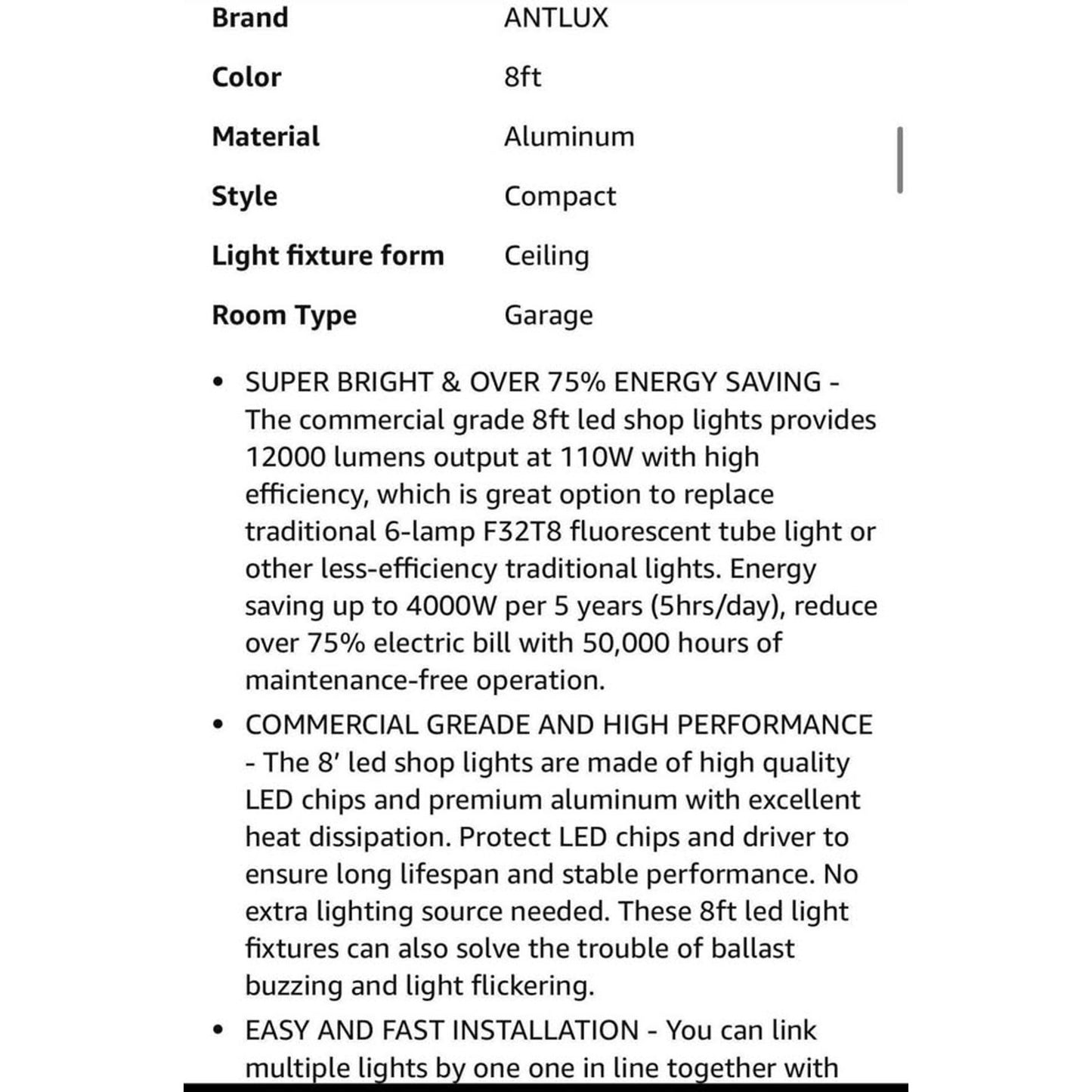 ANTLUX 8FT LED Shop Lights 110W Strip Lights [6-lamp T8 Fluorescent Equiv.], 12000LM, 5000K, Compact