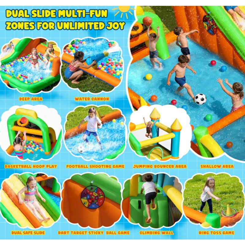 AONESY 10‑in‑1 Inflatable Water Slide Bounce House Combo, Dual Slides, Deep/Shallow Splash Pools