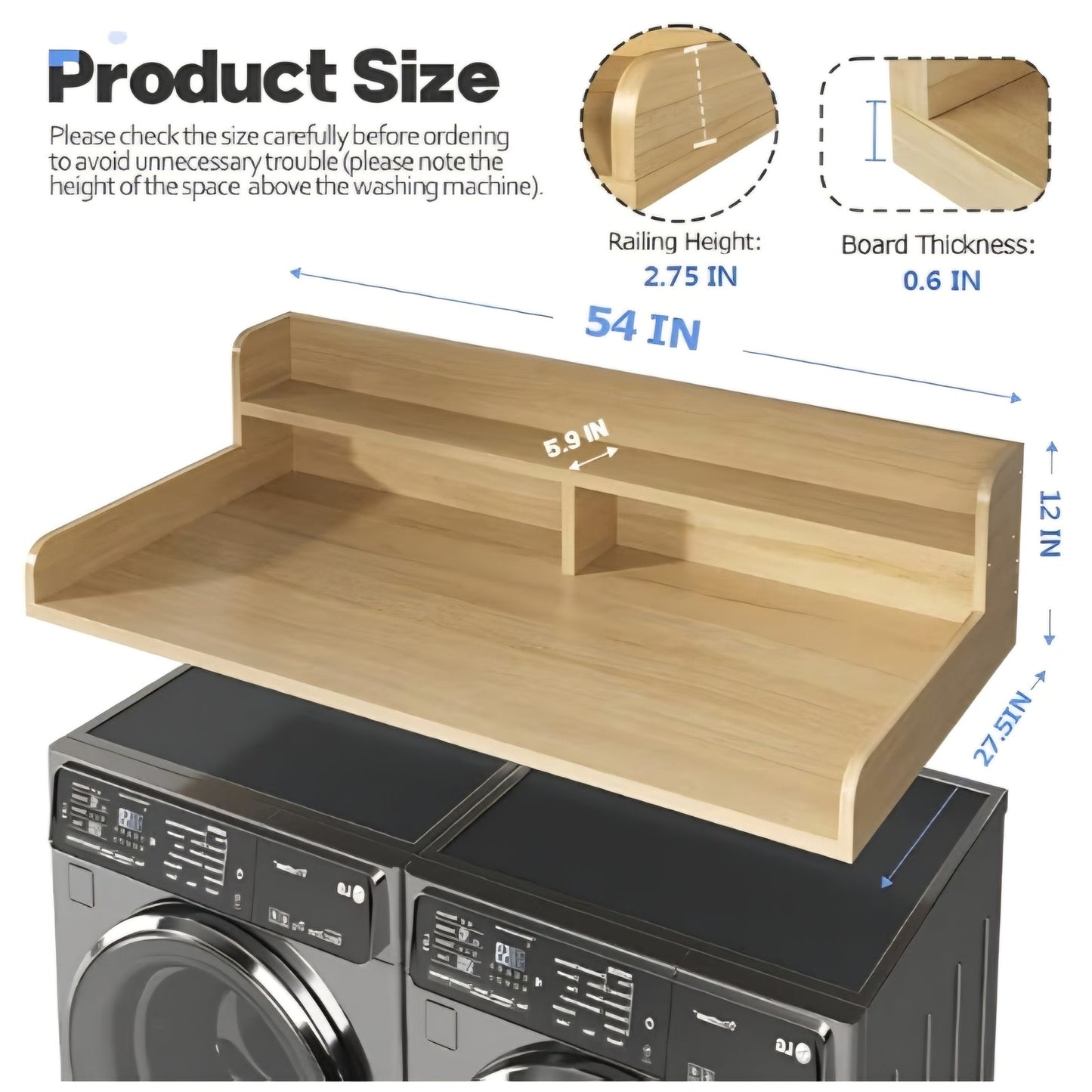 Washer and Dryer Countertop with 2.75" H Guard,54" W x 27.5" D Laundry Countertop Cover with Non-Sl