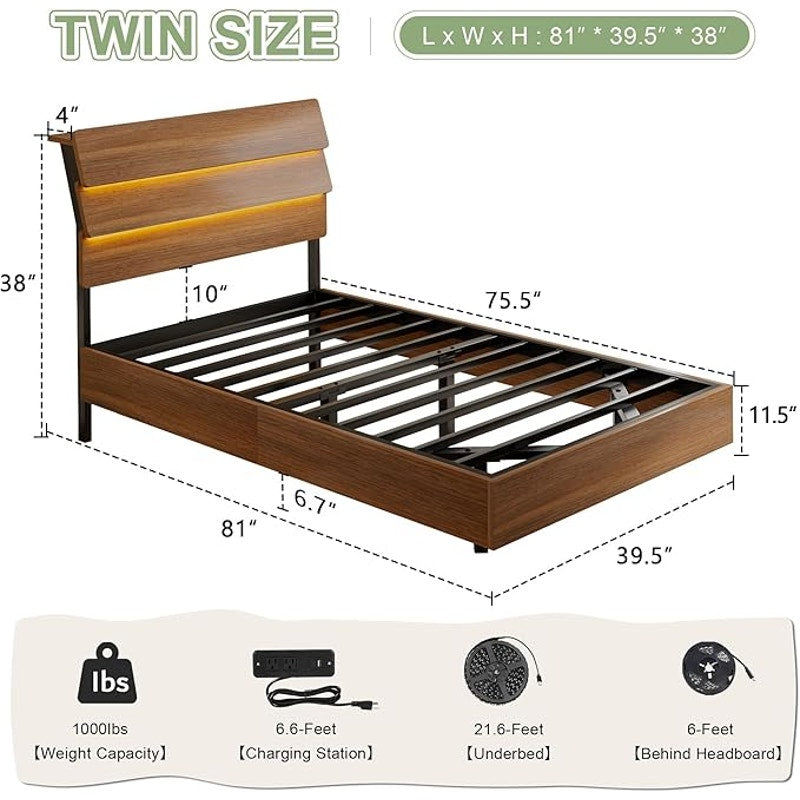 Feonase Floating Bed Frame Twin, Wood Full Size Bed Frame with Storage Headboard, Walnut