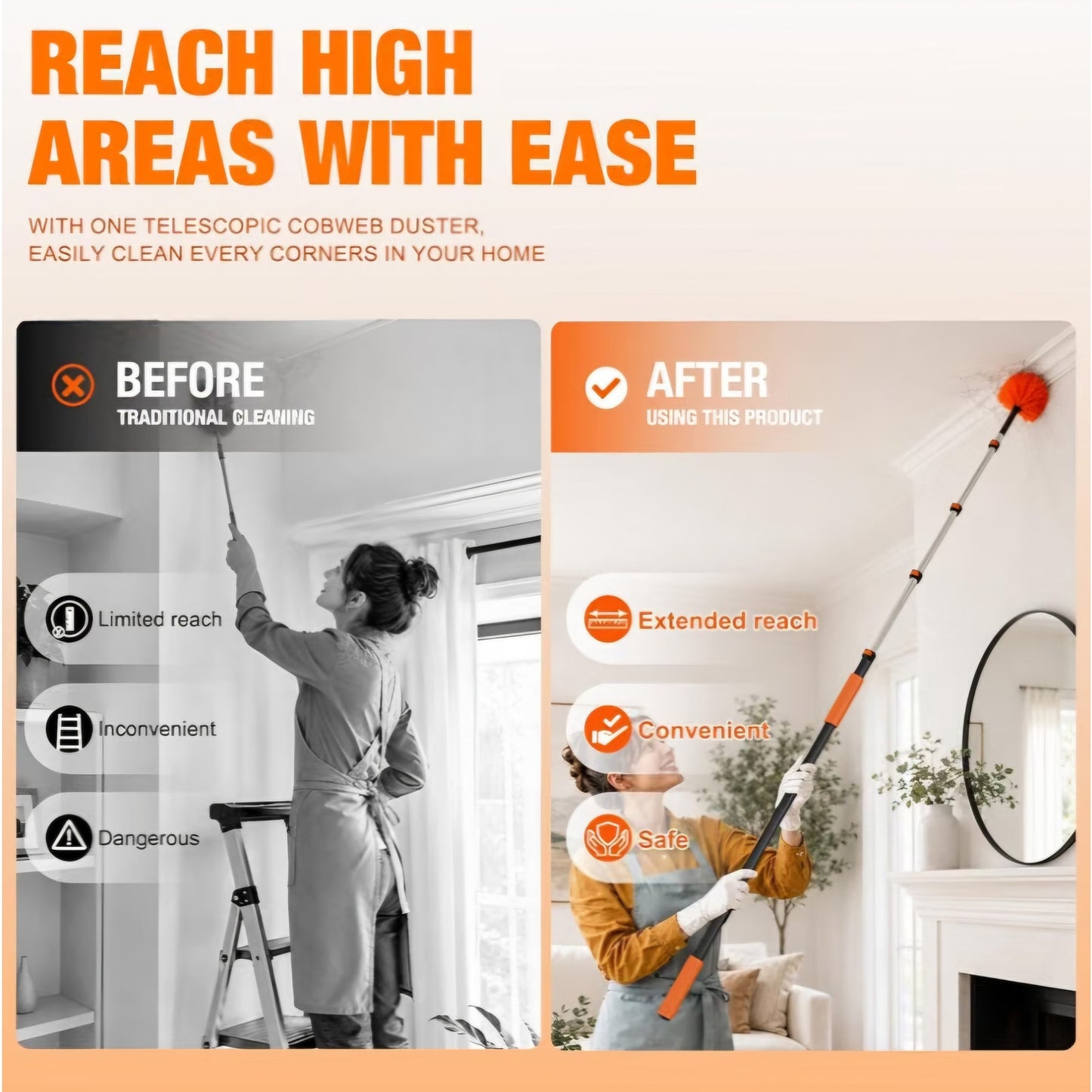 LAANPOLE 30FT Cobweb Duster with Extension Pole, Spider Web Brush for Cleaning Extendable