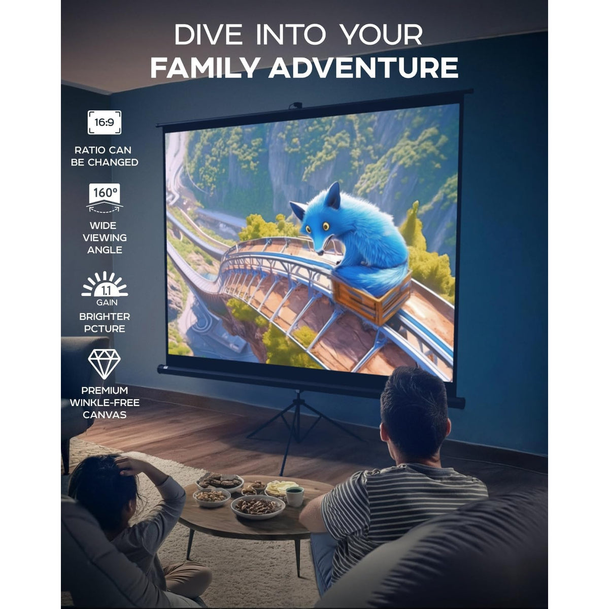 PropVue Projector Screen with Stand 100 inch-Adjustable from 16:9 to 4:3 HD Premium Wrinkle -Black