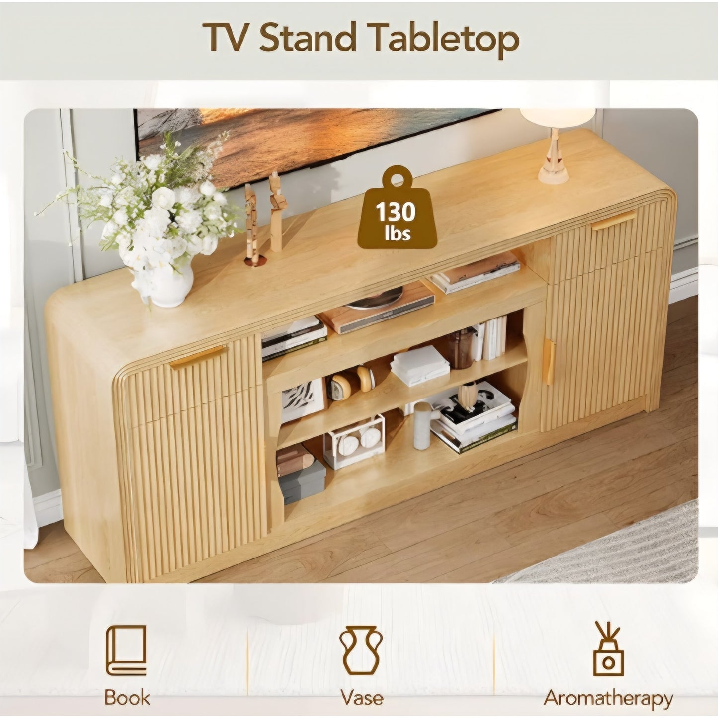 Decofy 70" Fluted TV Stand, Entertainment Center for 80" TVs, Mid Century Modern TV Console Cabinet