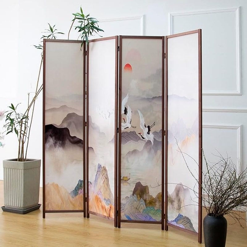 Furnnylane 4 Panel Room Divider, Double-Sided Folding Privacy,Landscape 67" H x 63" W - 5.6 ft Tall