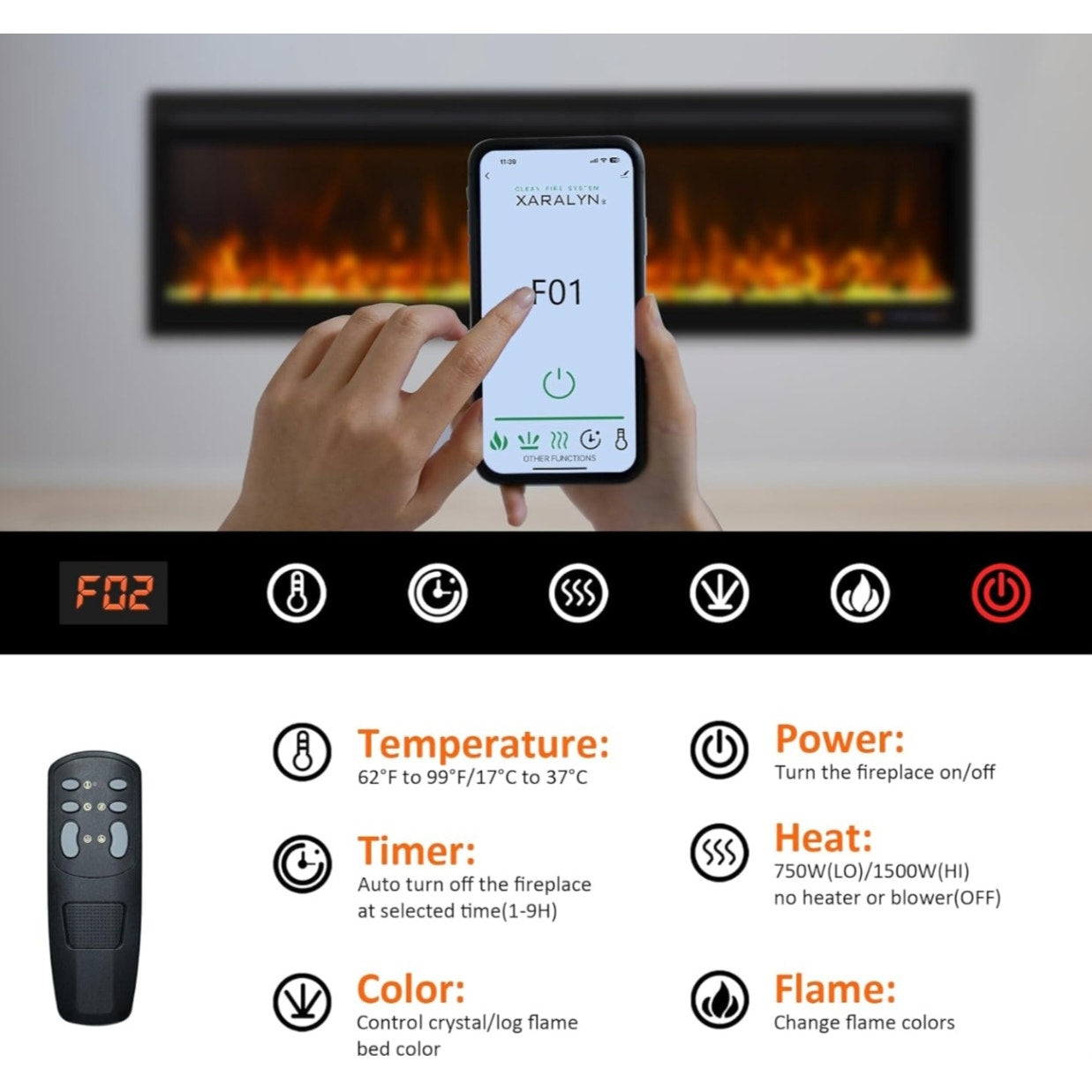 Smart 42 Inch Wall Mounted and Recessed Electric Fireplace Inserts, App & Remote & Touch Screen Control, 13X13 Flame & Fuel Bed Color Combinations, 750W/1500W, Black